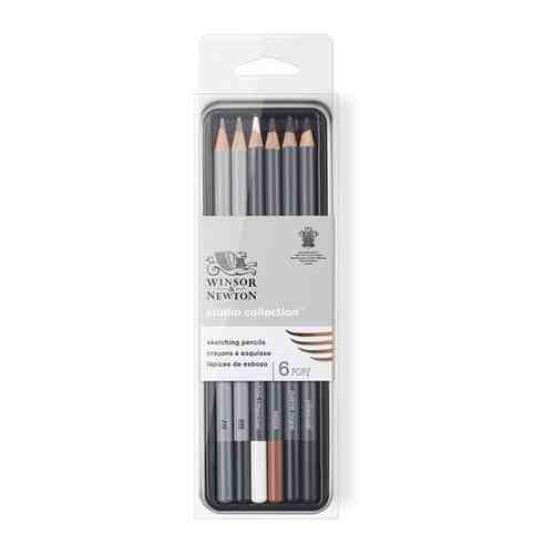 Набор чернографитных карандашей Winsor&Newton, (4В, 8В, белый мел, угольный, черный), в метал. пенале арт. 907502049